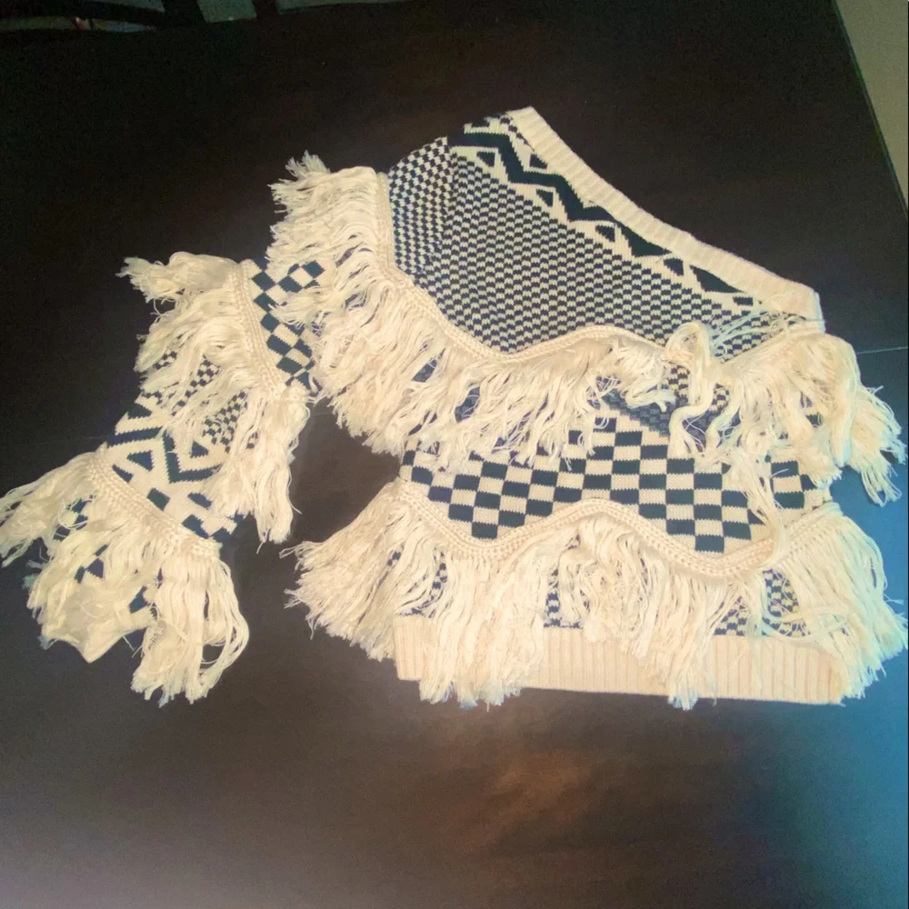 House of Harlow x Revolve NOA One Shoulder Fringe Sweater in Bone - Picture 4 of 9